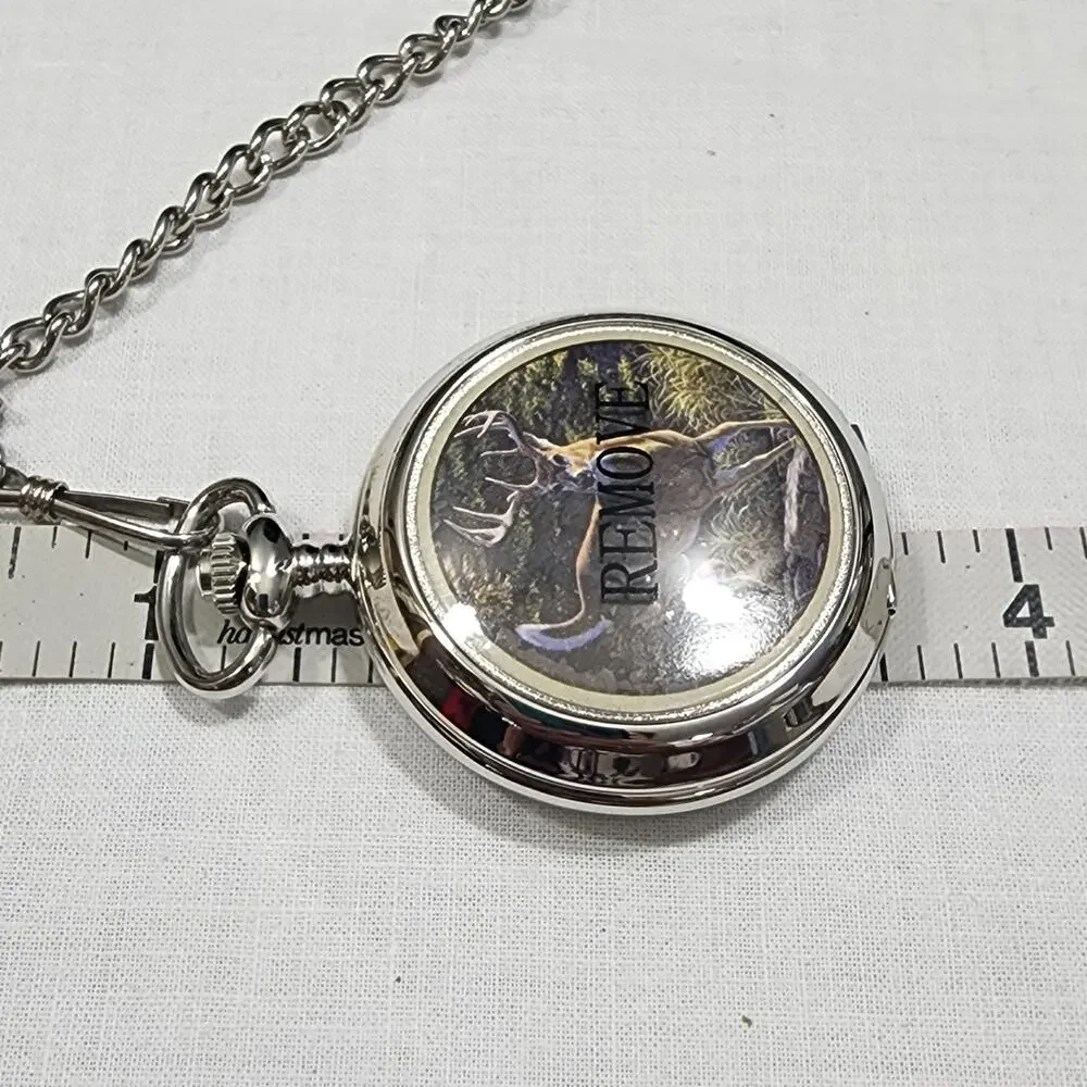 Al Agnew White Tailed Deer Pocket Watch Quartz Movement Silver Tone Case Chain